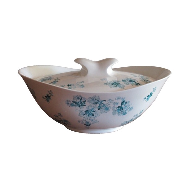 Hallcraft Hall Blue FROST FLOWERS Oval Covered Casserole Dish Lid Eva Zeisel MCM